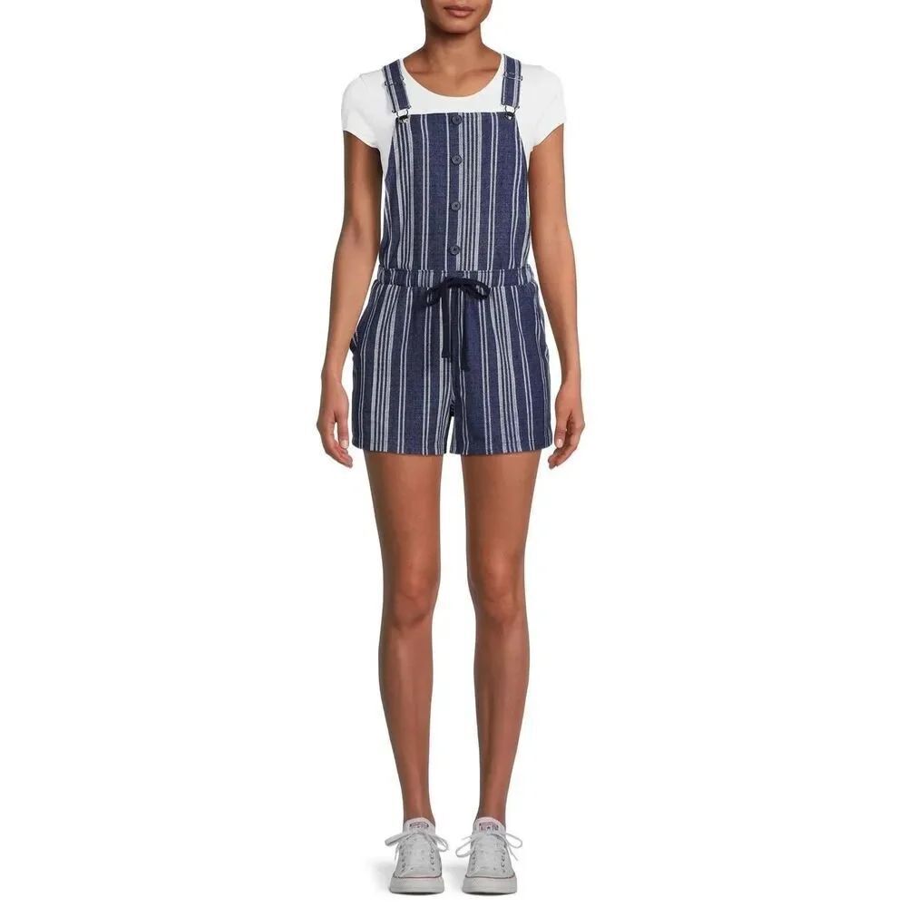 Junior Womens No Boundaries Suspenders Striped Overall Shorts Romper - Sz XXL